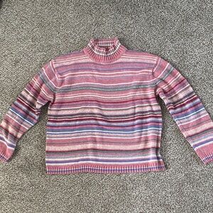 Tiara Pink Striped Mock Neck Sweater with Multi-Color Accents